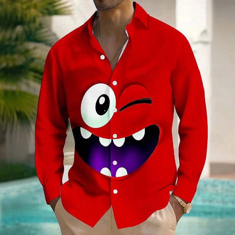 Men's Cartoon Funny Smile Face Shirt Button Up Shirt Long Sleeve Fashion Casual Outdoor Daily Streetwear Spring Fall Turndown 3D Print Front One Pocket Linen Like Shirt Red Orange Green Dark Blue3