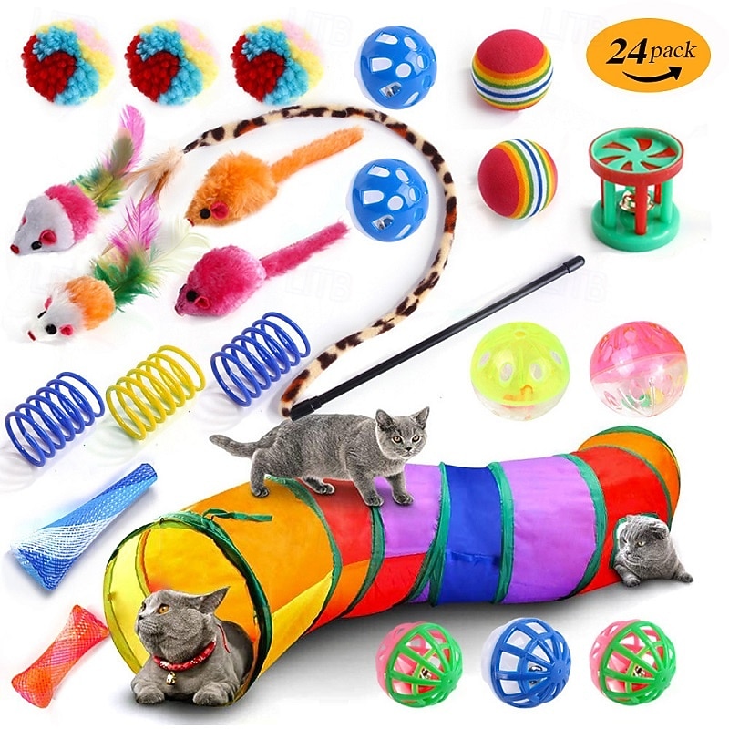 Ball Feather Toy Mice & Animal Toy Tunnels Squeak Toy with Removable Retractable Pet Exercise Releasing Pressure Teething Toy for Cat Indoor Outdoor Pet Play2