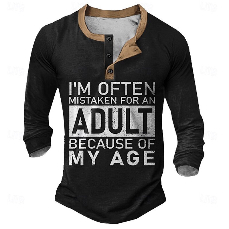 Men's Funny Henley 3/4 Sleeve Graphic T-Shirt with 'Mistaken for Adult' Quote4
