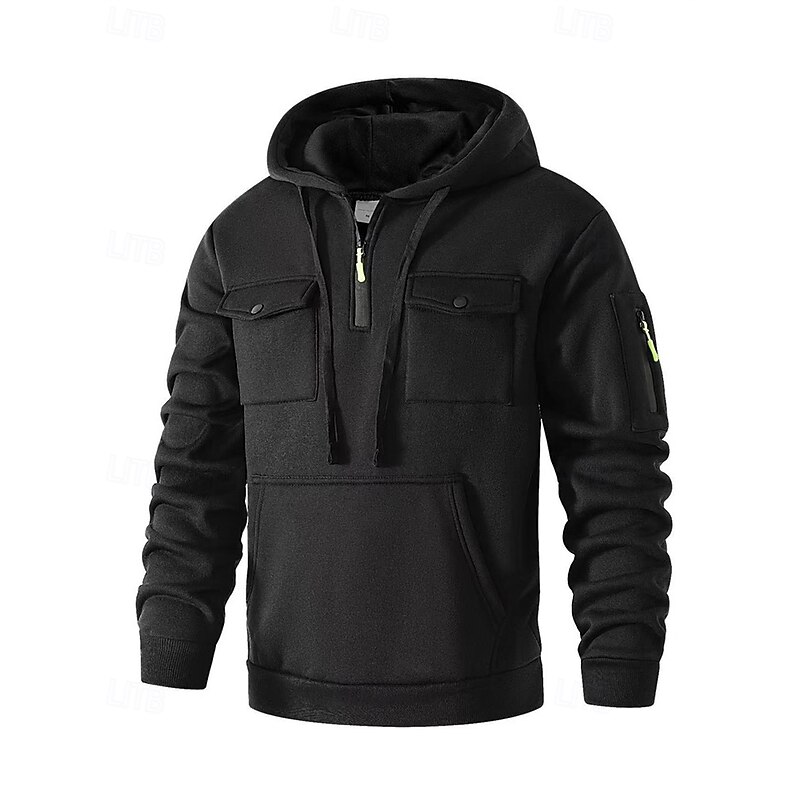 Men's Hoodie Quarter Zip Hoodie Black Army Green Navy Blue Khaki Light Grey Hooded Plain Pocket Drawstring Sports & Outdoor Daily Holiday Polyester Streetwear Basic Casual Spring Fall Clothing Apparel2