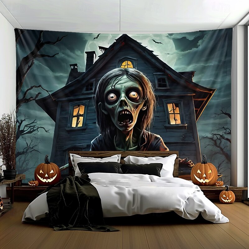 Halloween Hanging Tapestry Zombie Photograph Backdrop Jack O Lantern Wall Art Large Tapestry Mural Decor Blanket Curtain Home Bedroom Living Room Decoration Death Selfie2