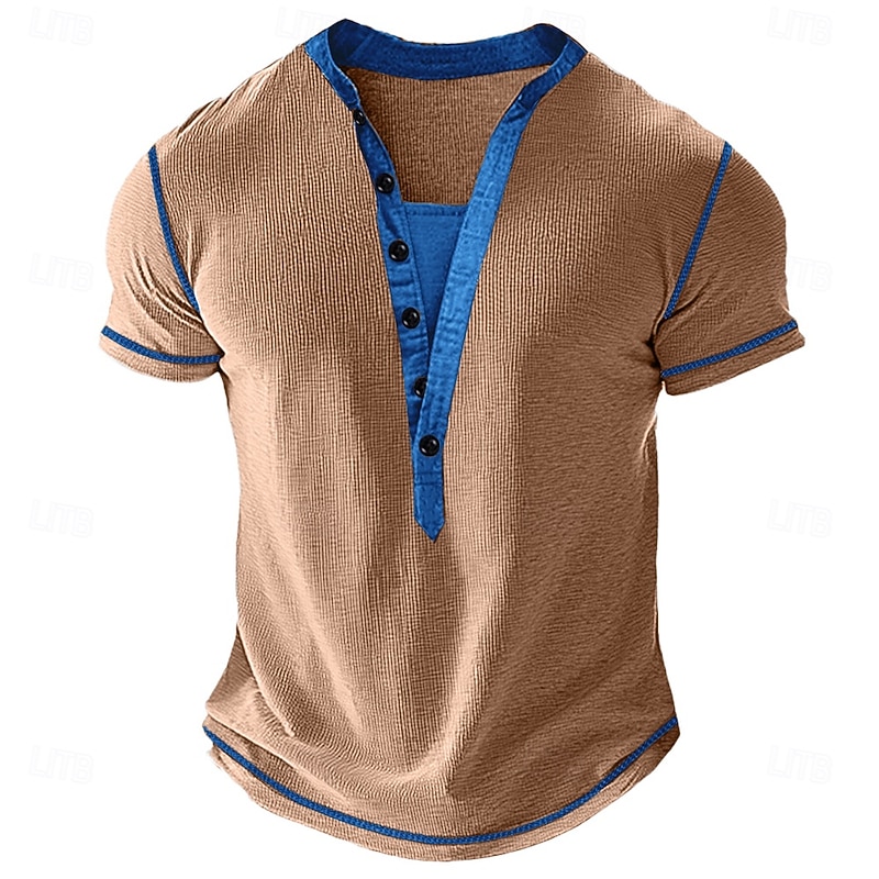 Men's Waffle Henley Shirt Tee Short Sleeve Solid Color Plain Fashion Designer Casual Color Block Buttons Henley Outdoor Casual Daily Summer Spring All Seasons Blue Brown khaki Henley T-Shirt2
