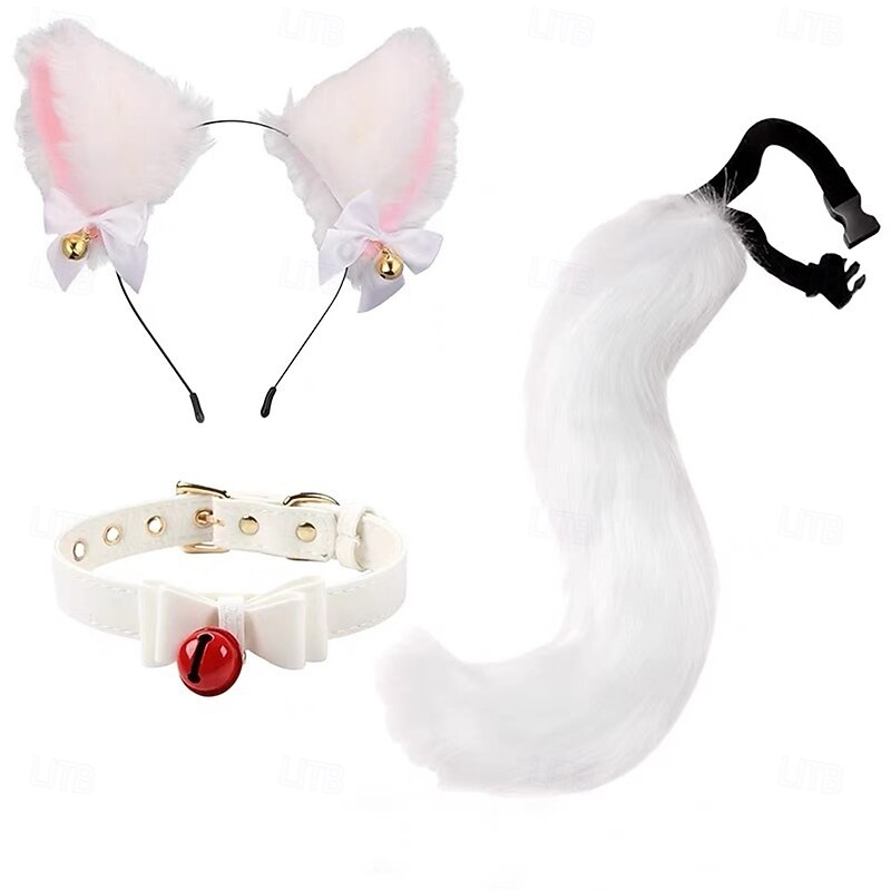 Handmade Cat Ears Headband with Tail Set – Cute Cat Girl Cosplay Accessories, Animal Ears and Tail for Halloween, Party, and Dress Up3