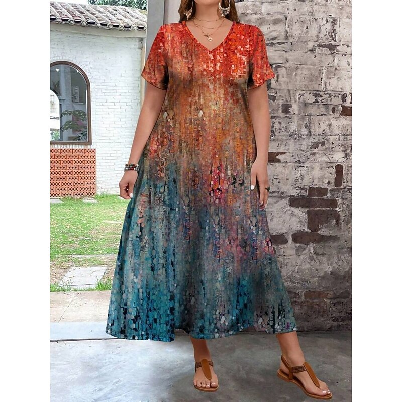 Women's Plus Size Casual Dress Ombre V Neck Short Sleeve Summer Spring Fashion Modern Casual Maxi long Dress Holiday Weekend Dress4