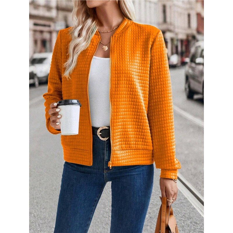 Women's Bomber Jacket Casual Jacket Comfortable Breathable Zipper Casual Plain Vacation Street Casual Daily Wear Zipper Short Stand Collar Regular Fit Long Sleeve Outerwear Black Orange Army Green2