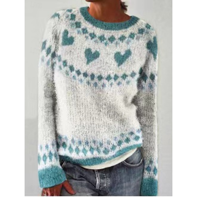 Women's Sweater Casual Soft Heart Geometric Ribbed Crew Neck Knitted Long Sleeve Regular Tops Knit Outdoor Daily Weekend Pink Red Fall Winter4