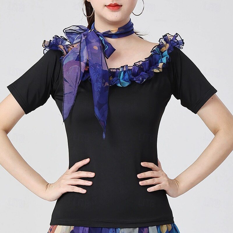 Latin Dance Top Printing Pure Color Splicing Women's Performance Training Short Sleeve High Polyester