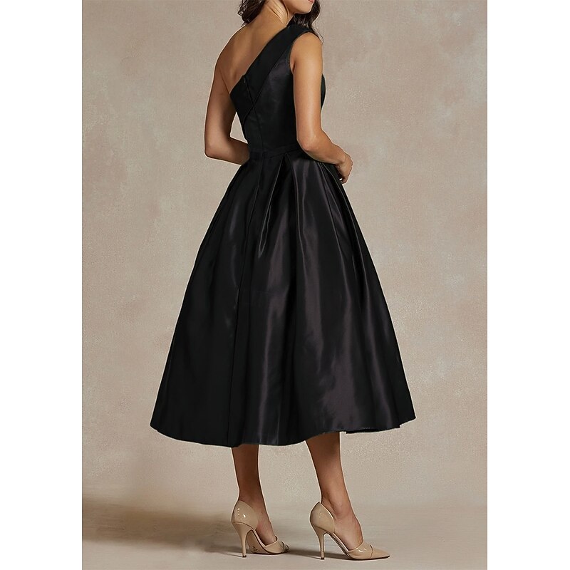 Black A-Line Cocktail Dresses Elegant Dress Formal Wedding Tea Length Midi Length Sleeveless One Shoulder Stretch Satin with Pleats3