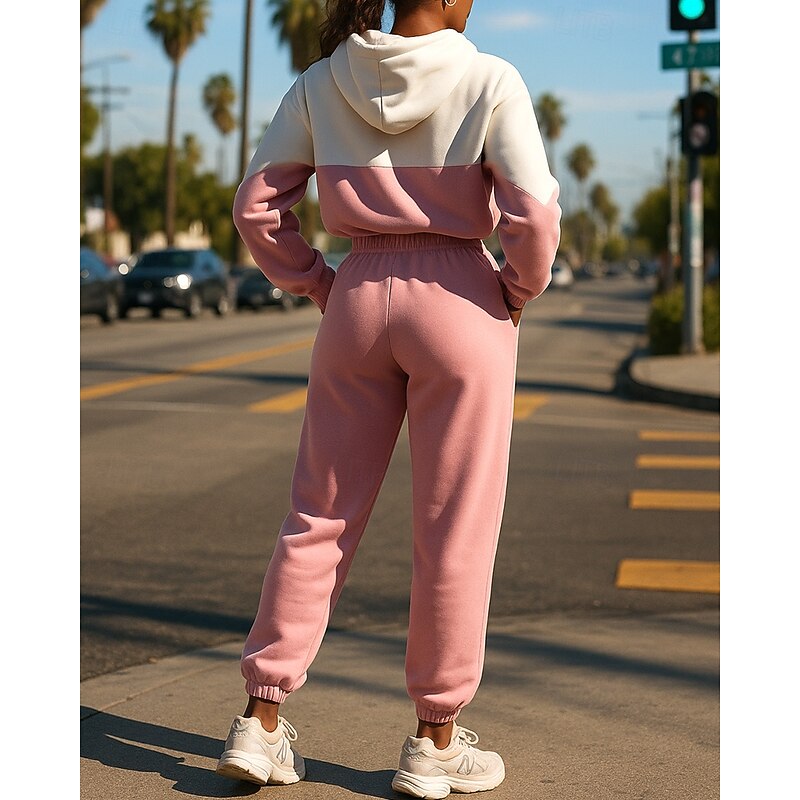 Women's Tracksuit Sweatpants Hooded Jacket Hooded Zipper Pocket Color Block Clothing Suit Fall & Winter Black Pink Gym Training Running Windproof Long Sleeve Sport Activewear Micro-elastic Loose Fit2