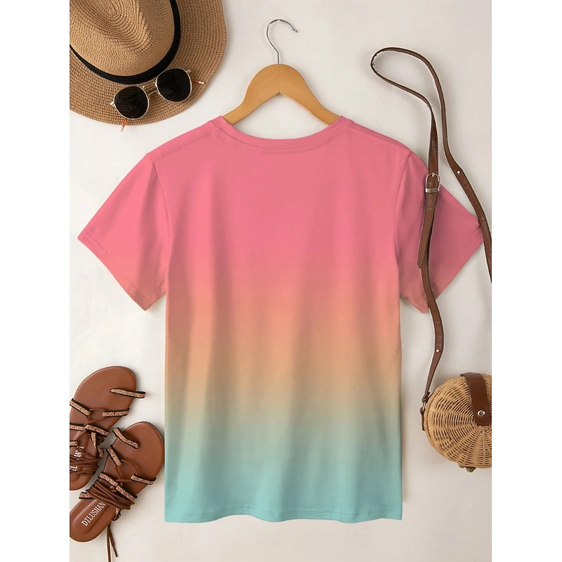 Women's T Shirt Ombre Graphic Vintage Stylish Classic Short Sleeve Crew Neck Regular Tops Daily Weekend Print Pink Blue Orange Green Summer Spring2