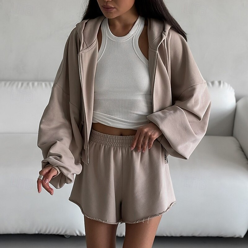 Women's Tracksuit Zip Up Hoodie Short Sweatpant Drawstring Pocket Solid Colored Clothing Suit Spring Black Army Green Gym Training Running High Waist Windproof Lightweight Moisture Wicking Long Sleeve4