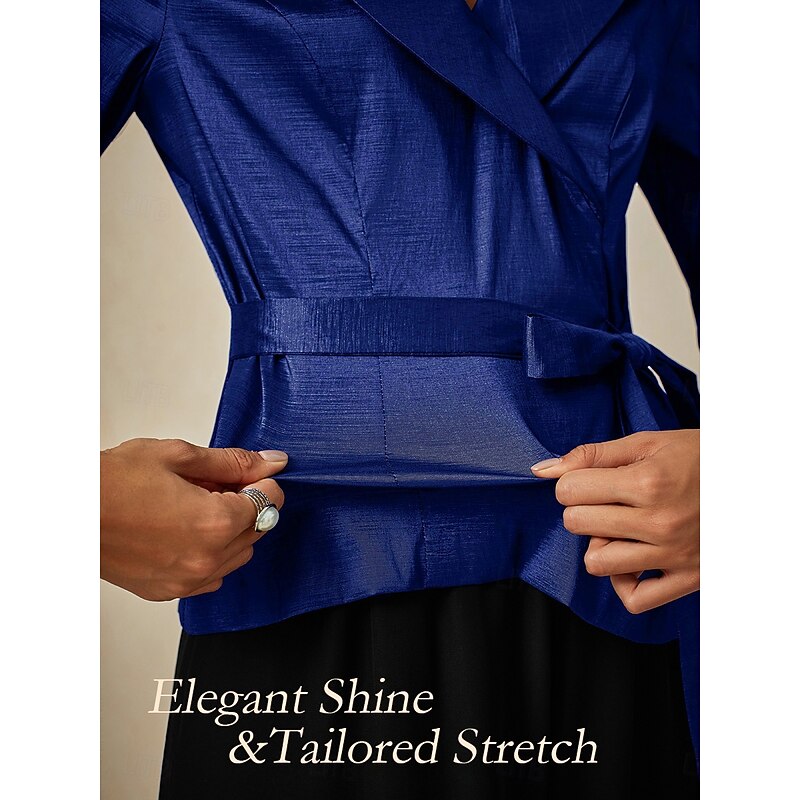 Women's Blouse Evening Tops Elegant Metallic Stylish 3/4 Length Sleeve V Neck Regular Tops Wedding Guest Evening Party Semi Formal Tie Front Royal Blue Spring, Fall, Winter, Summer2