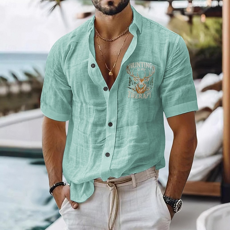 Men's Linen Shirt Casual Shirt Cotton Linen Shirt Button Up Shirt Animal Patterned Vacation Daily Wear Black White Light Green Pink Short Sleeve Lapel All Seasons Clothing Apparel Buckle4