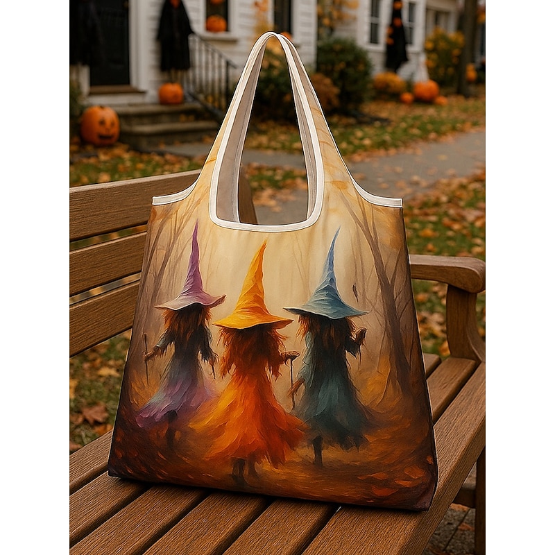 Women's Halloween Foldable Reusable Shopping Tote Bag with Witch Print – Eco-Friendly, Lightweight, for Holiday, Grocery & Daily Use