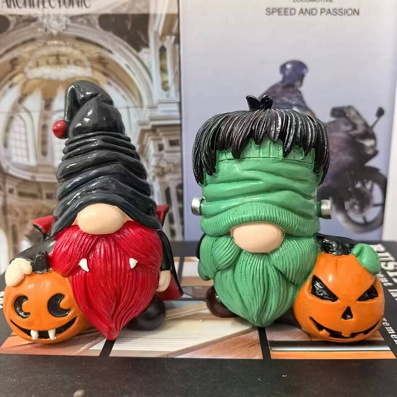 Halloween Resin Gnome Figurine, Pumpkin Gnome Decoration for Home, Office, Garden, Durable Resin Statue, Unique Gift Idea