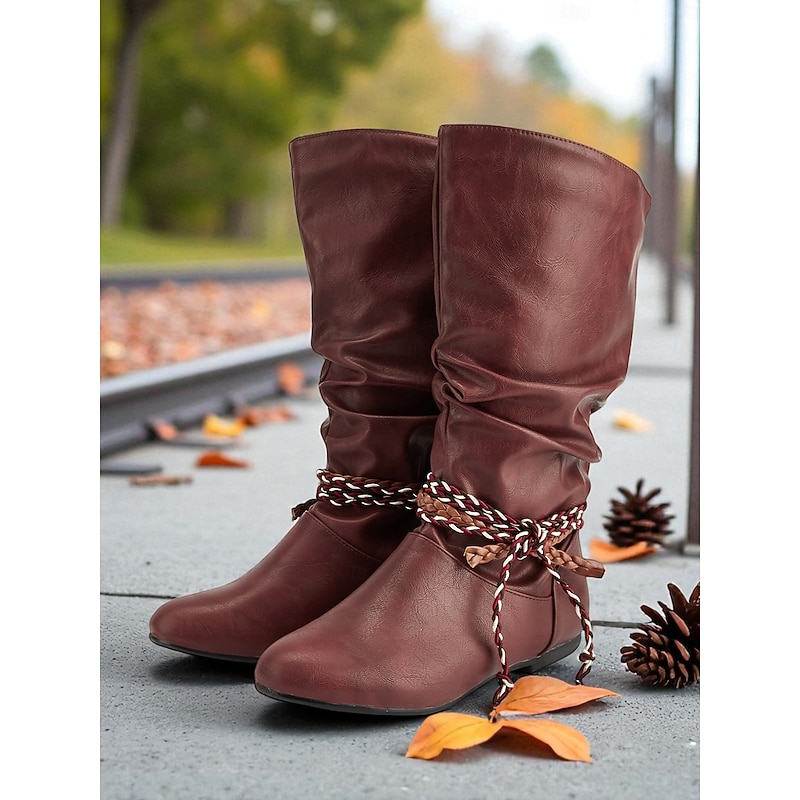 Women's Burgundy Faux Leather Mid Calf Boots – Slouchy Flat Riding Boots with Braided Straps for Fall Outings, Travel and Outdoor Festivals2