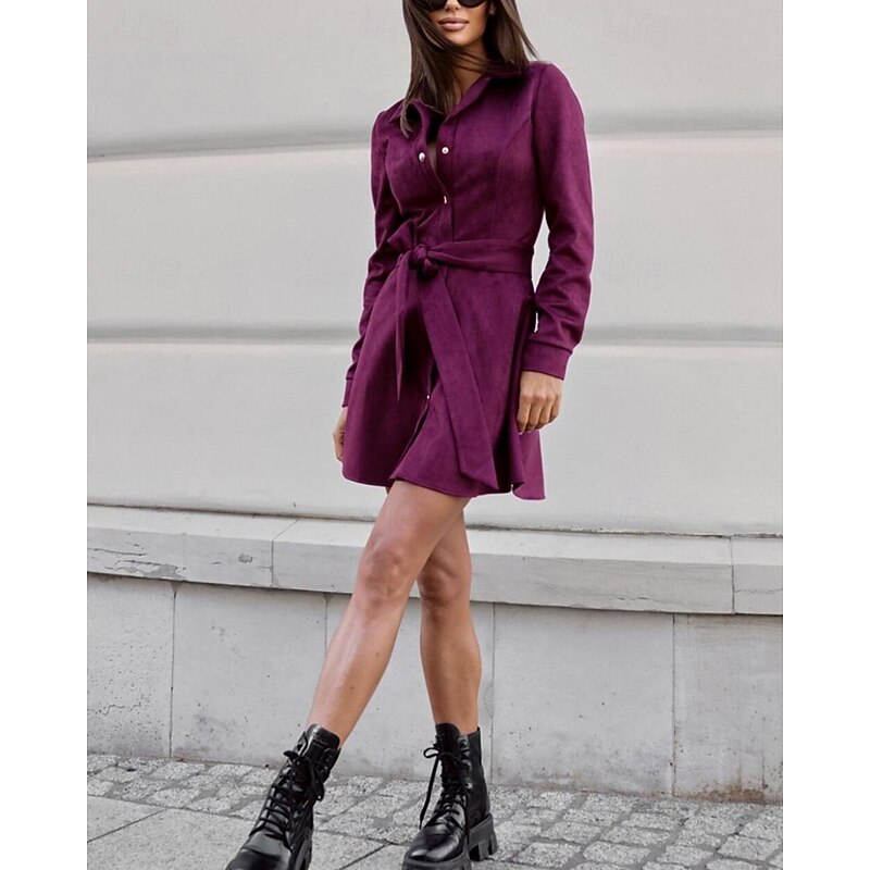 Women's Mini Dress Shirt Dress Casual Dress Fashion Modern Daily Beach Weekend Regular Fit Plain Long Sleeve Shirt Collar Red Brown Spring Fall2