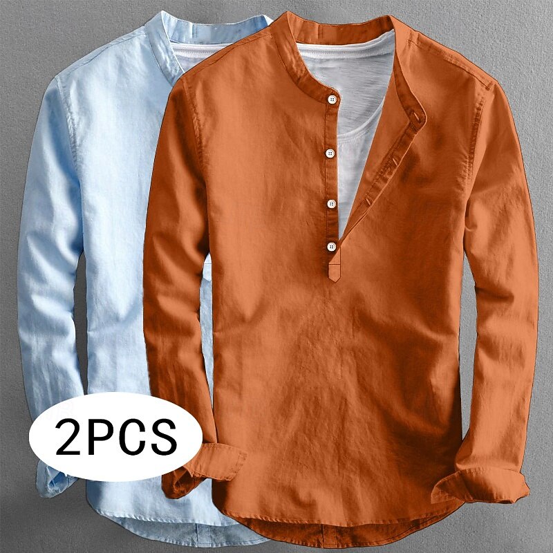 Men's Linen Shirt Popover Shirt Summer Shirt Beach Wear Casual Shirt Band Collar Shirt Plain Vacation Casual Orange+blue Pink+Navy Blue White+Black Pink+Blue Long Sleeve Collar Summer Spring Clothing