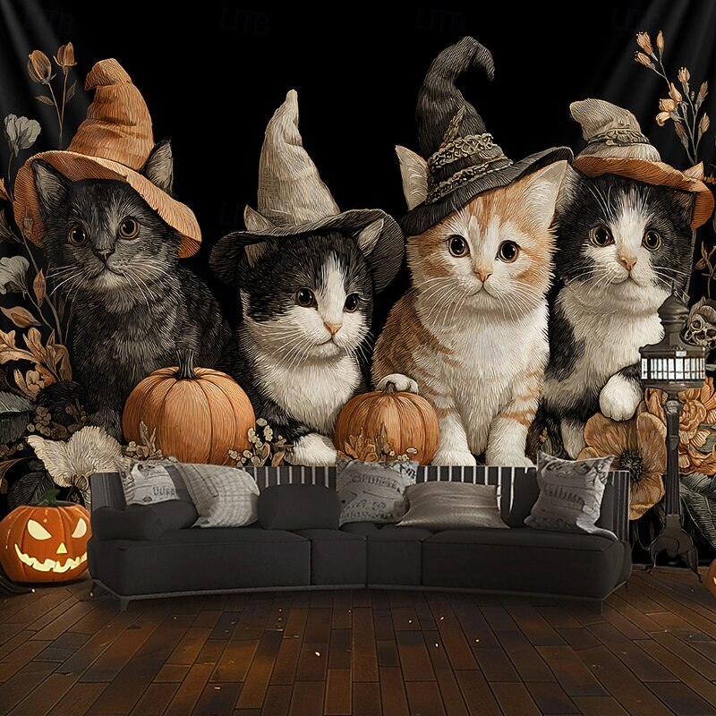 Halloween Hanging Tapestry Witch Cat Photograph Backdrop Jack O Lantern Wall Art Large Tapestry Mural Decor Blanket Curtain Home Bedroom Living Room Decoration Death Selfie4