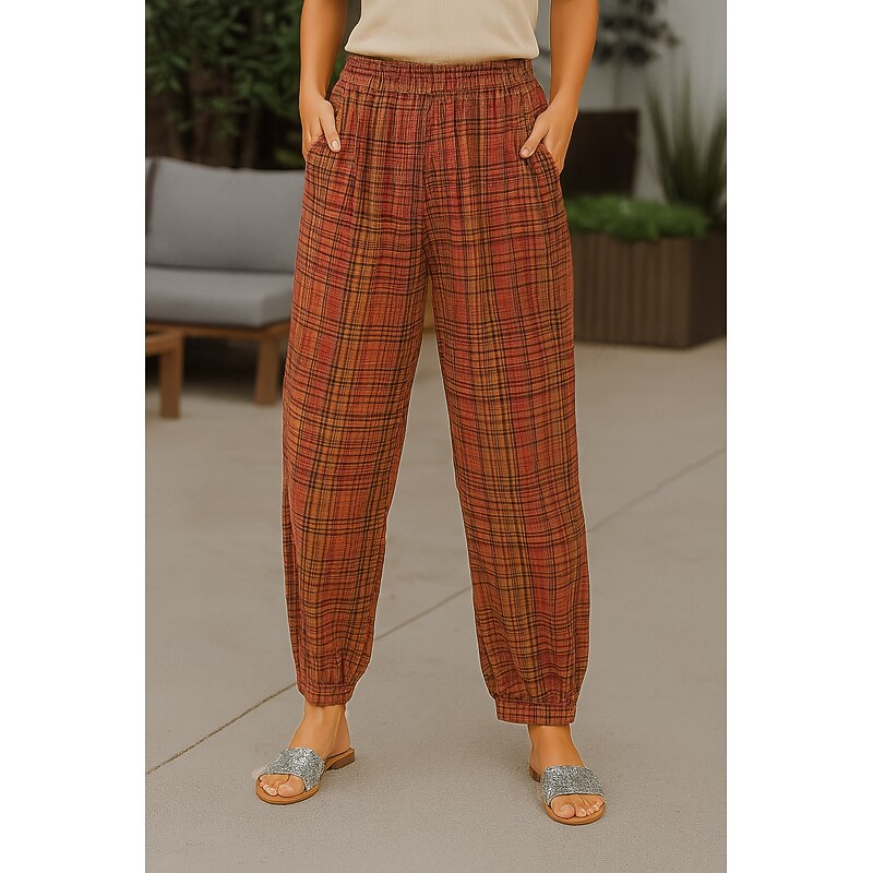 Women's Cotton Linen Pants Chinos Vacation Vintage Ethnic Style Full Length High Waist Plaid Pocket Drawstring Print Comfort Outdoor Stretchy Vacation Street Causal Yellow Orange Summer Spring - Main Image