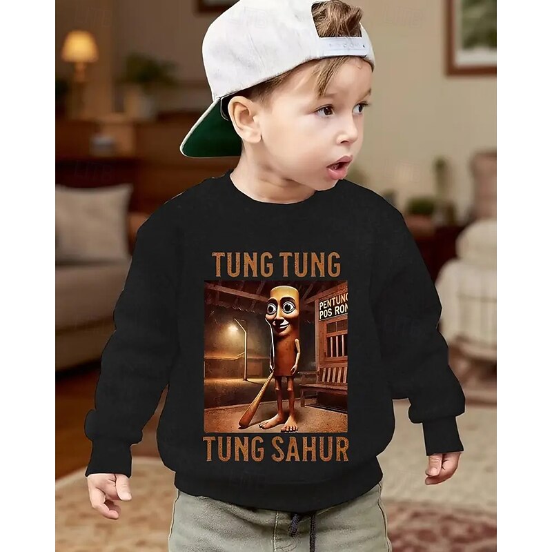 Boys' Casual Long Sleeve Crewneck Sweatshirt with Cartoon Character Design - TUNG TUNG TUNG SAHUR Print Baseball Bat Graphic Spring Fall Fashion Basic Kids 4-12 Years Outdoor Casual Daily Regular Fit4