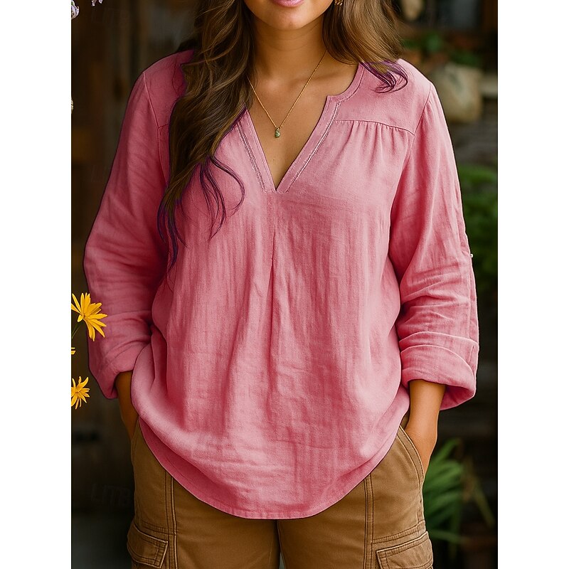 Women's Shirt Plain Daily Long Sleeve V Neck Regular Tops Work Holiday Ruched Yellow Pink Blue Purple Spring Fall2