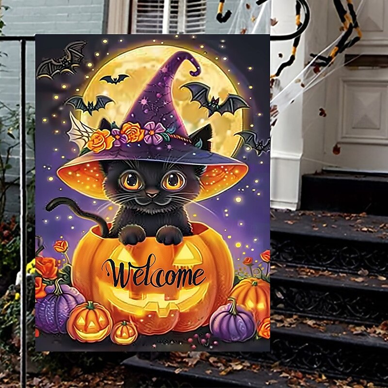 Halloween Garden Flag Banner – Black Cat in Pumpkin Cauldron "Welcome", Double-Sided Weather-Resistant Yard Flag for 2025 Halloween Holiday Outdoor Lawn, Porch Decoration2