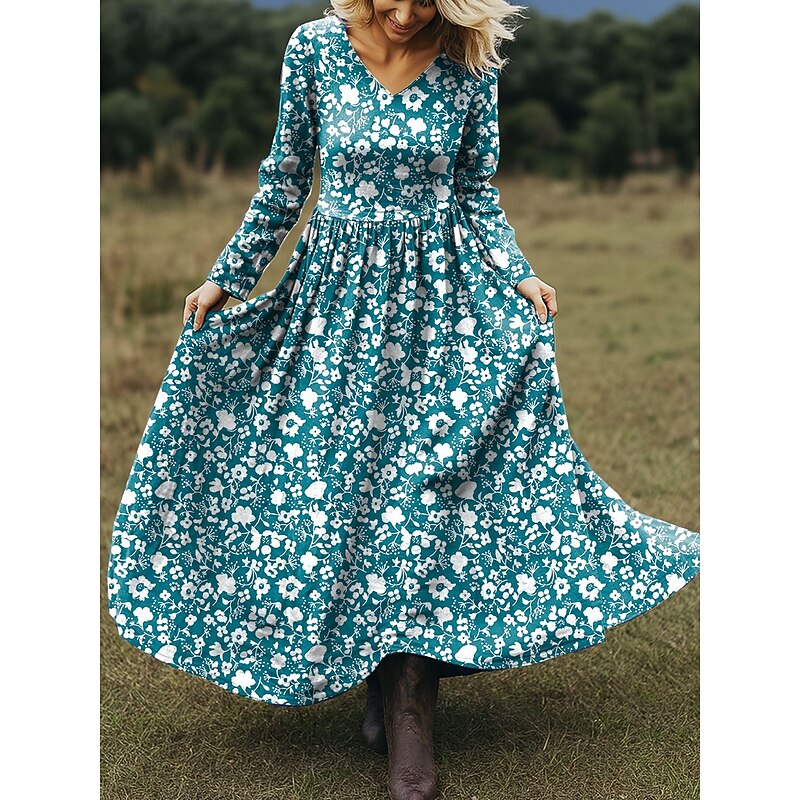 Women's Maxi Dress A Line Dress Vacation Casual Boho Beach Regular Fit Floral Graphic Long Sleeve V Neck Red Blue Purple Green Spring Fall3