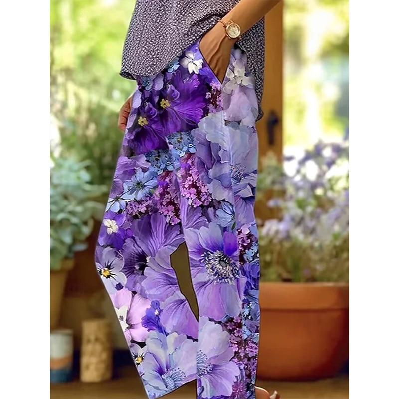 Women's Chinos Vacation Vintage Ethnic Style Full Length High Waist Floral Graphic Pocket Soft Outdoor Breathable Inelastic Outdoor Vacation Street Lilac Summer Spring Fall Regular Fit2