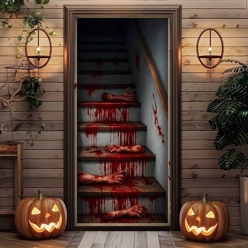 2025 Halloween Door Cover – Bloody Stairs Horror Scene, Haunted House Entrance Banner, Gruesome Outdoor & Indoor 2025 Halloween Decoration for Bedroom, Living Room, Bathroom2