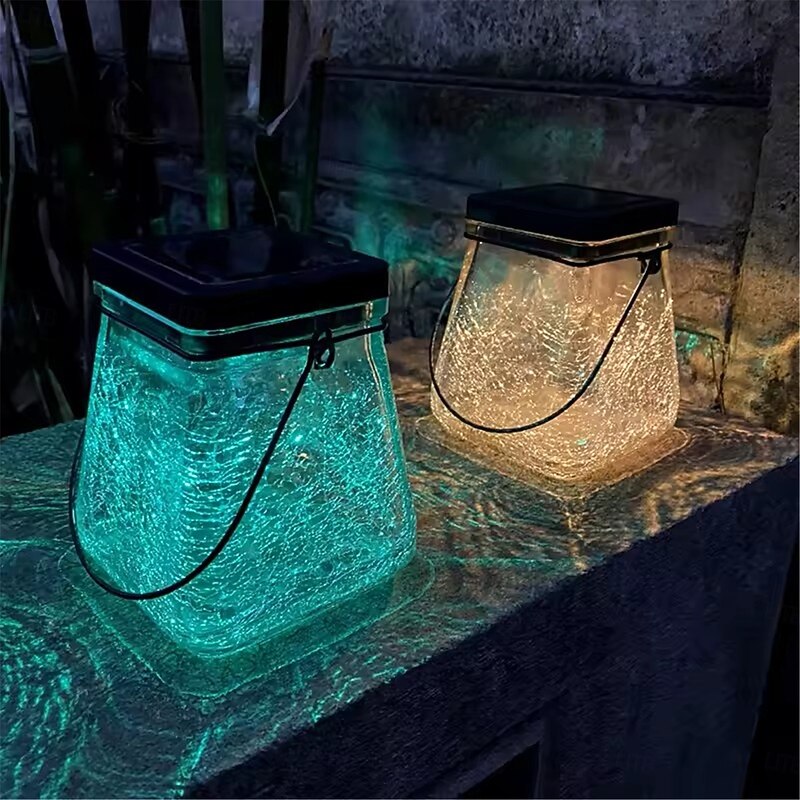 Solar Powered Cracked Hanging Lamp Outdoor Garden Courtyard Landscape Lamp Solar Powered Square Glass Desk Lamp 1PC4
