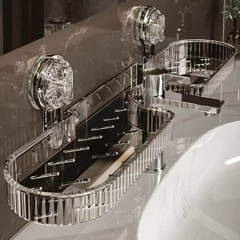 Clear Plastic Wall-Mounted Bathroom Organizer Shelf with Suction Cups No-Drill Removable Design Under-Sink Shelf Perfect for Vanity, Shower & Bathroom Essentials, Bathroom Organizers2