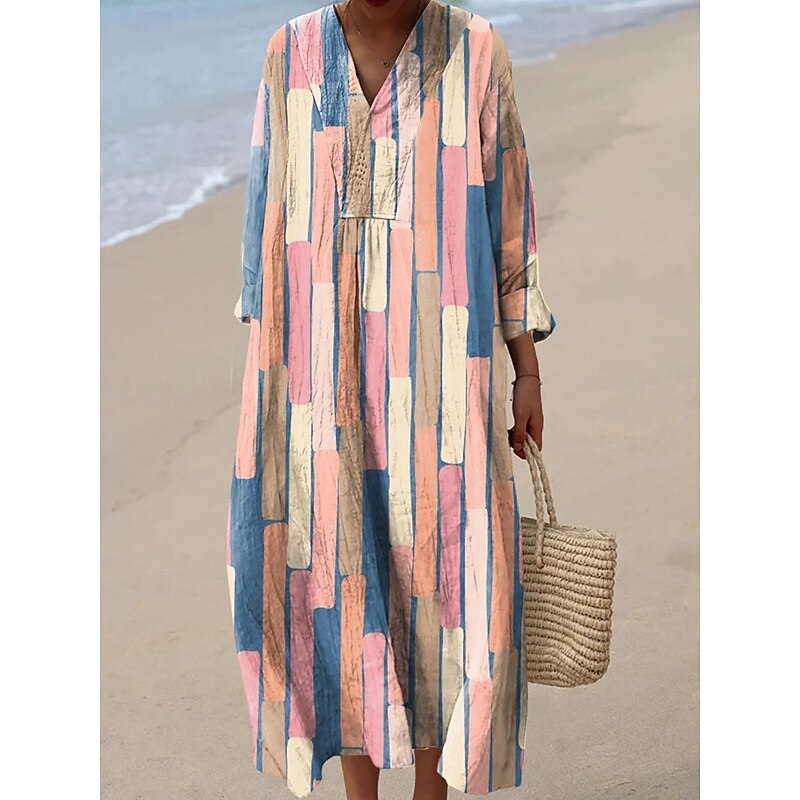 Women's Midi Dress V Neck Long Sleeve Kaftan Lightweight Loose Fit Casual Dress A Line Dress Casual Boho Party Loose Fit Graphic Geometric Long Sleeve V Neck Black Yellow Pink Red Fall3