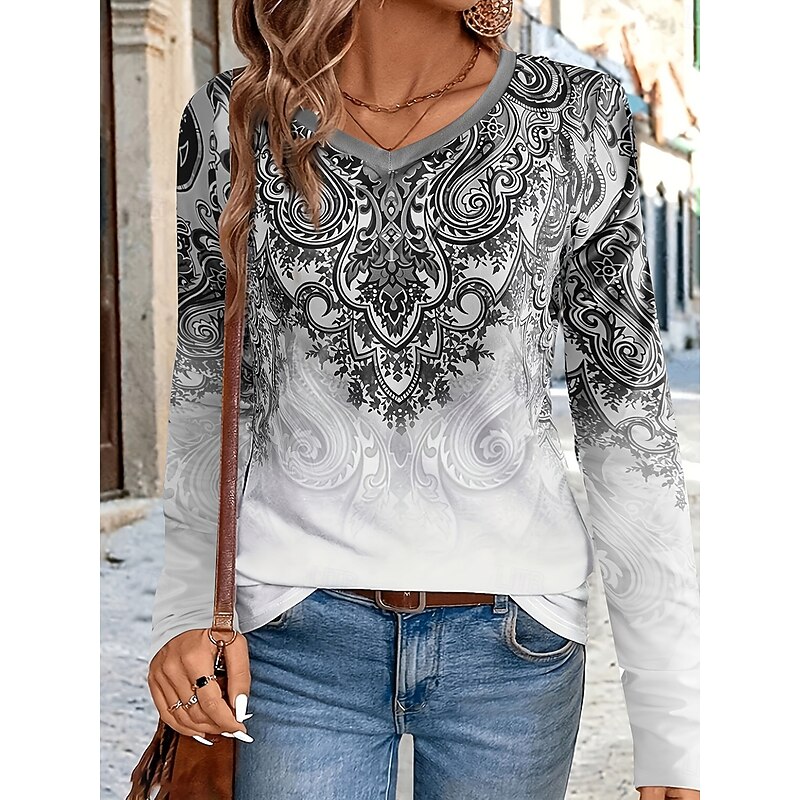 Women's T Shirt V Neck Long Sleeve Tunic Graphic Geometry Vintage Stylish Casual Regular Tops Daily Print Red Blue Purple Green Gray Spring Fall