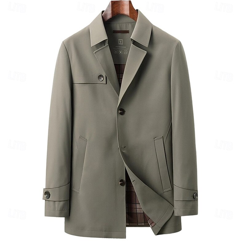 Men Trench Coat Formal Office Spring Fall Cross-Seasons Polyester Outerwear Clothing Apparel Elegant Daily Solid Color Fold-over Collar Single Breasted3