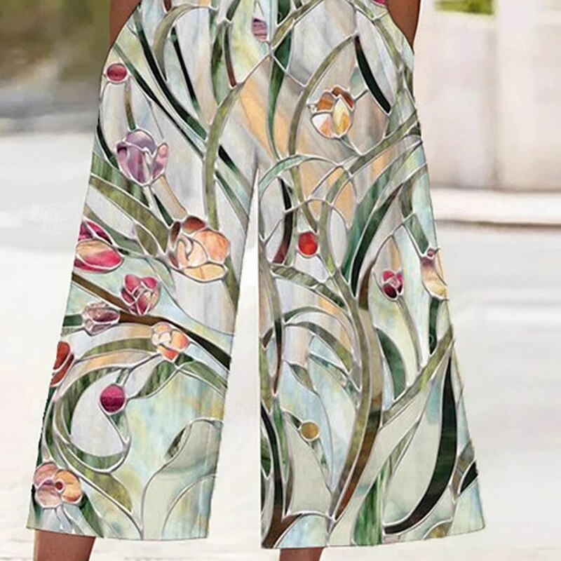 Women's Normal Jumpsuit Streetwear Floral Short Sleeve Wide Leg V Neck Pocket Print Street Daily Regular Fit Green Summer3