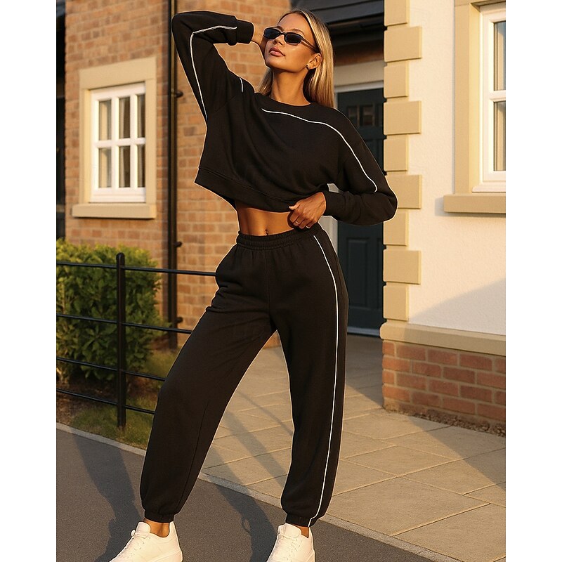 Women's Tracksuit Pullover Sweatshirt Track Pants Solid Colored Clothing Suit Spring Black White Workout Athletic Running Sun Protection Windproof Lightweight Long Sleeve Sport Activewear