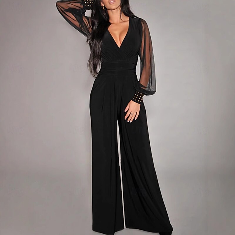 Women's Jumpsuit Elegant Solid Color Long Sleeve Lantern Sleeve Wide Leg V Neck Rivet Patchwork School Vacation Regular Fit Black All Seasons