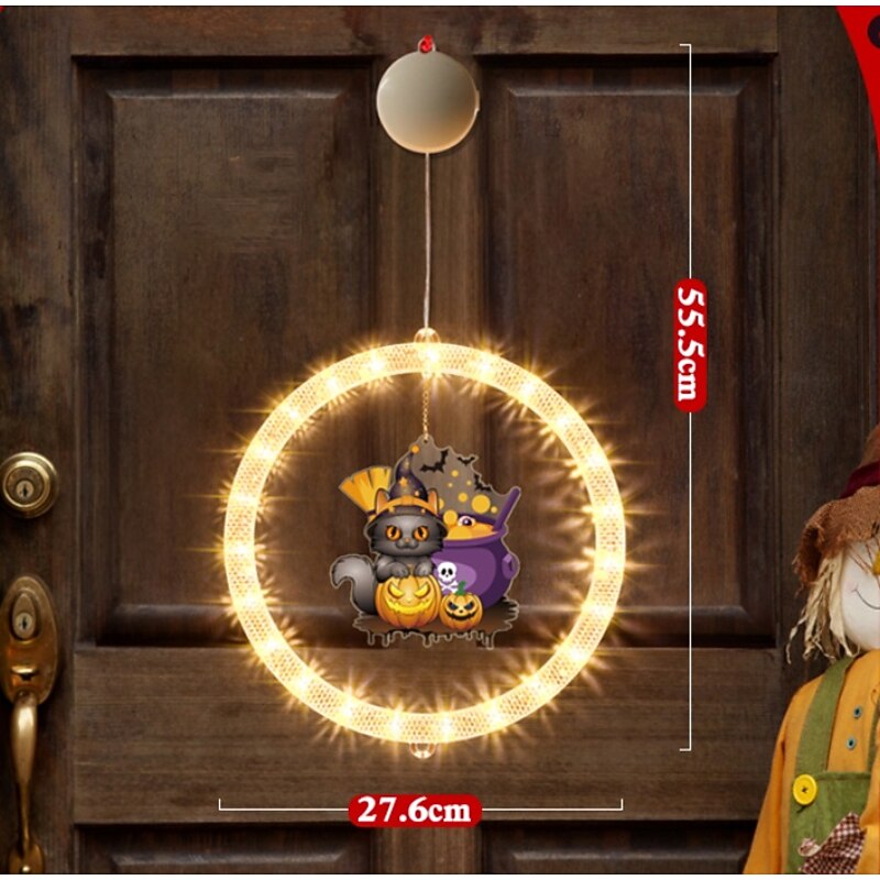 1 Pc diameter 27.6cm circular Halloween ghost castle black cat ghost bat cemetery suction cup window lamp indoor window party atmosphere decoration lamp warm light running horse lights AAA battery box2