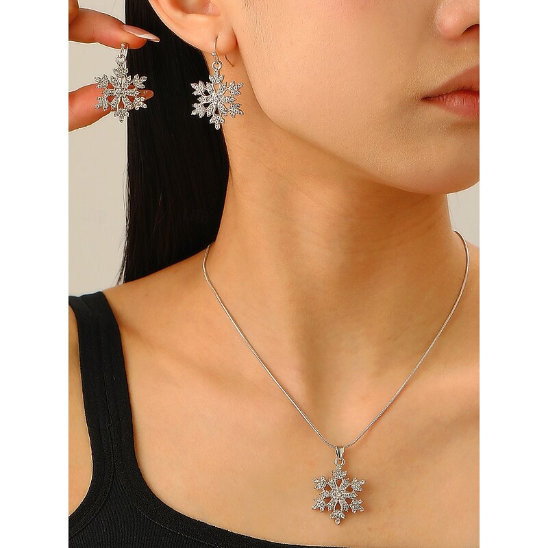 Women's Snowflake Jewelry Set with Sparkling Crystal Pendant Necklace and Drop Earrings - Elegant Winter Style for Christmas Parties and Holiday Gifts