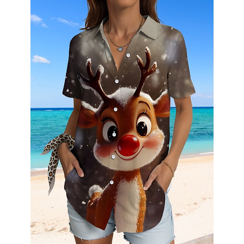 Christmas Women's Shirt Long Sleeve Button Down Blouse Graphic Animal 3D Vintage Tropical Daily Sleeveless Short Sleeve Shirt Collar Regular Tops Daily Sage Green Brown Green Summer Spring Winter4