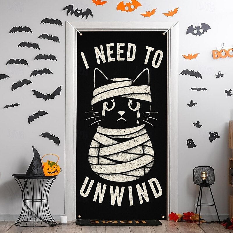 Halloween Door Cover – Funny Mummy Cat "I Need to Unwind" Design, Haunted House Entrance Banner, Scary Outdoor & Indoor Decoration for 2025 Halloween Bedroom, Living Room, Bathroom2