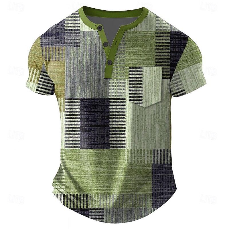 Men's Patchwork T Shirt Henley Shirt Short Sleeve T shirt 3D Print Henley Shirt Designer Retro Vintage Street Casual Daily Pink Blue Green Summer Spring All Seasons Clothing Apparel S M L XL 2XL 3XL4