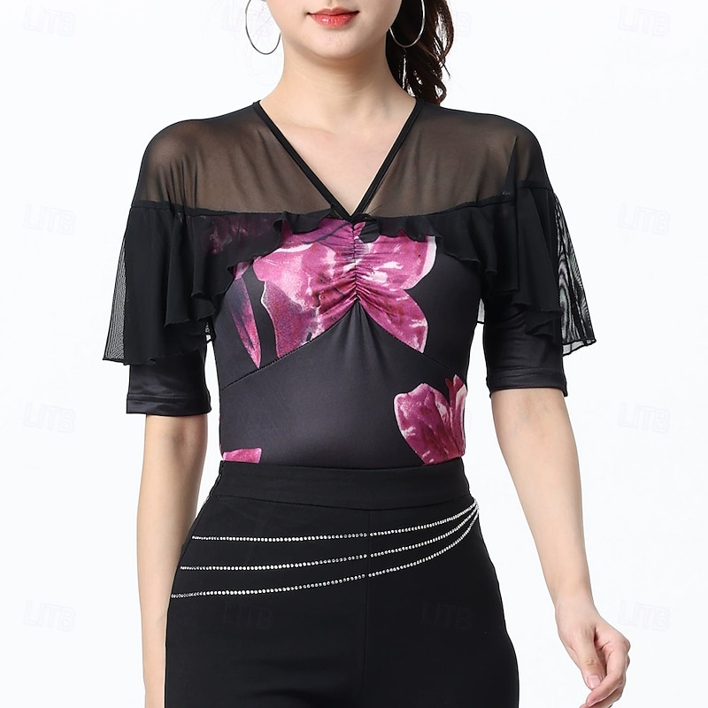 Latin Dance Top Printing Splicing Tulle Women's Performance Training Half Sleeve High Polyester2