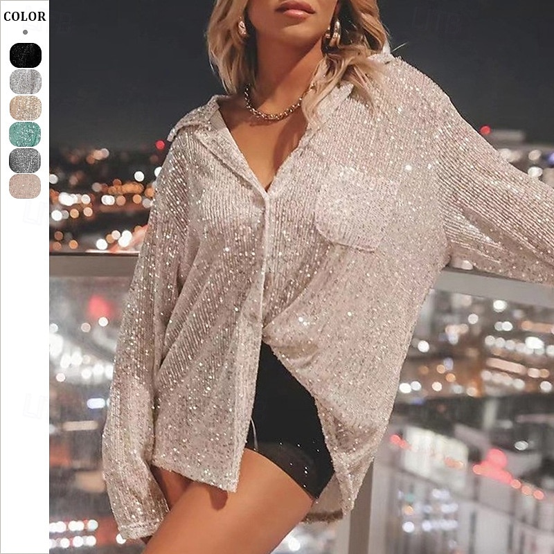 Women's Sequin Sparkly Party Glitter Sparkly Daily Stylish Long Sleeve Shirt Collar Regular Tops Daily Holiday Sequins Pocket Silver Black Champagne Green Apricot Spring Fall