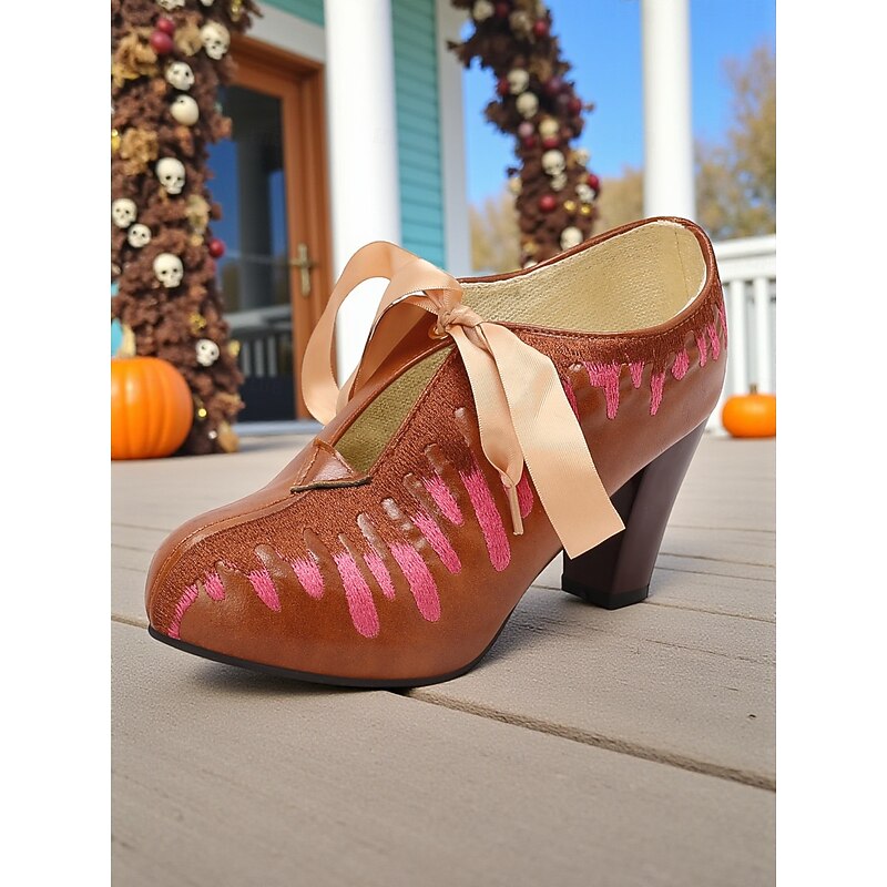 Women's Brown Halloween Costume Heels – Vintage Lace-Up Pumps with Pink Embroidery and Satin Ribbon, Unique Statement Shoes for Parties, Cosplay, and Fall Festivals2