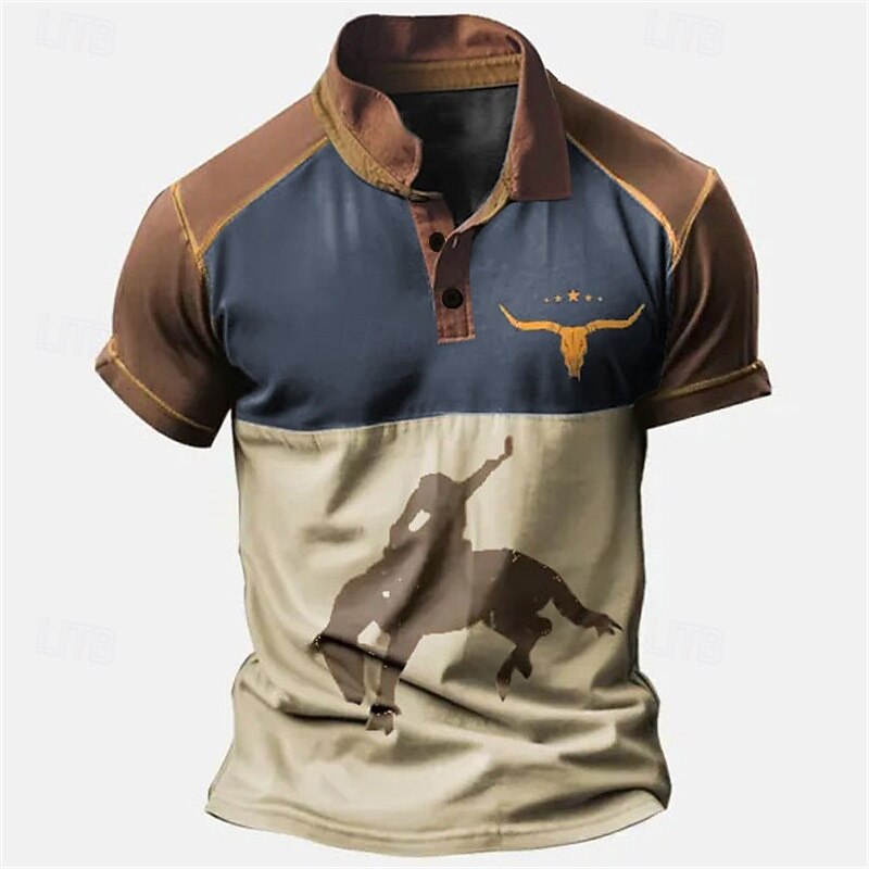 Men's Western Wear Polo Shirts Golf Shirt Short Sleeve Polo Shirts Collared Shirts Vintage Casual Vacation Wear Party Outfits Buttons 3D Print Blue Brown Green3