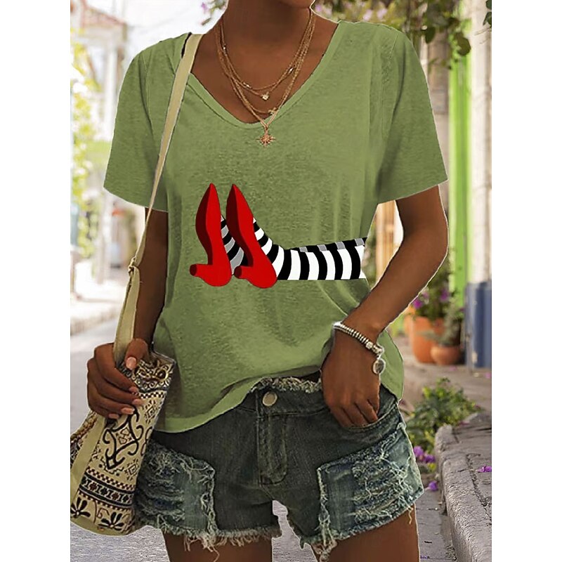 Halloween Women's T shirt Witch Graphic Vintage Stylish Classic Short Sleeve V Neck Regular Tops Daily Print Black White Blue Green Summer Spring2