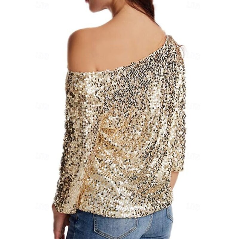 Women's Sequin Sparkly Party Glitter Sparkly Stylish Long Sleeve Cold Shoulder Regular Tops Daily Holiday Sequins Silver Black Pink Wine Gold Spring Fall2