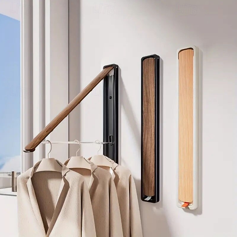 Invisible Folding Clothes Drying Rack Wood Space Aluminum Material Folding Clothes Drying Rack Telescopic Rod Wall Hanging Frame for Balcony/Kitchen/Bathroom/Bedroom/Wardrobe
